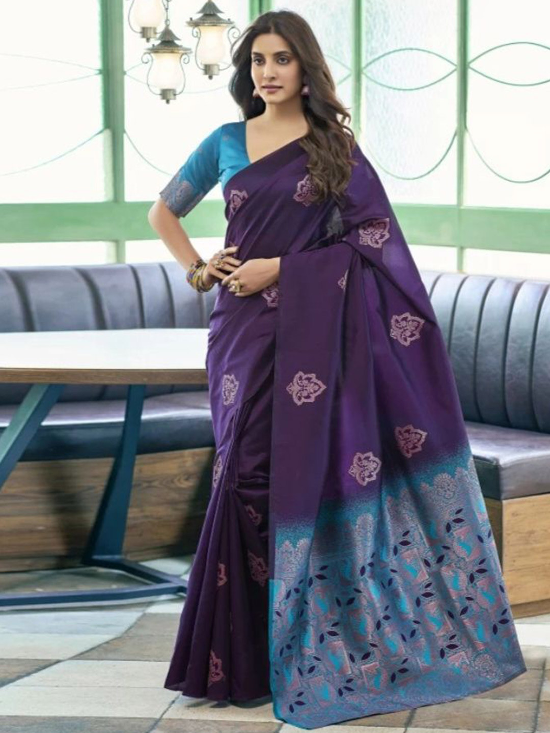 

SANJANA SILK Ethnic Motifs Woven Design Zari Kanjeevaram Saree, Purple