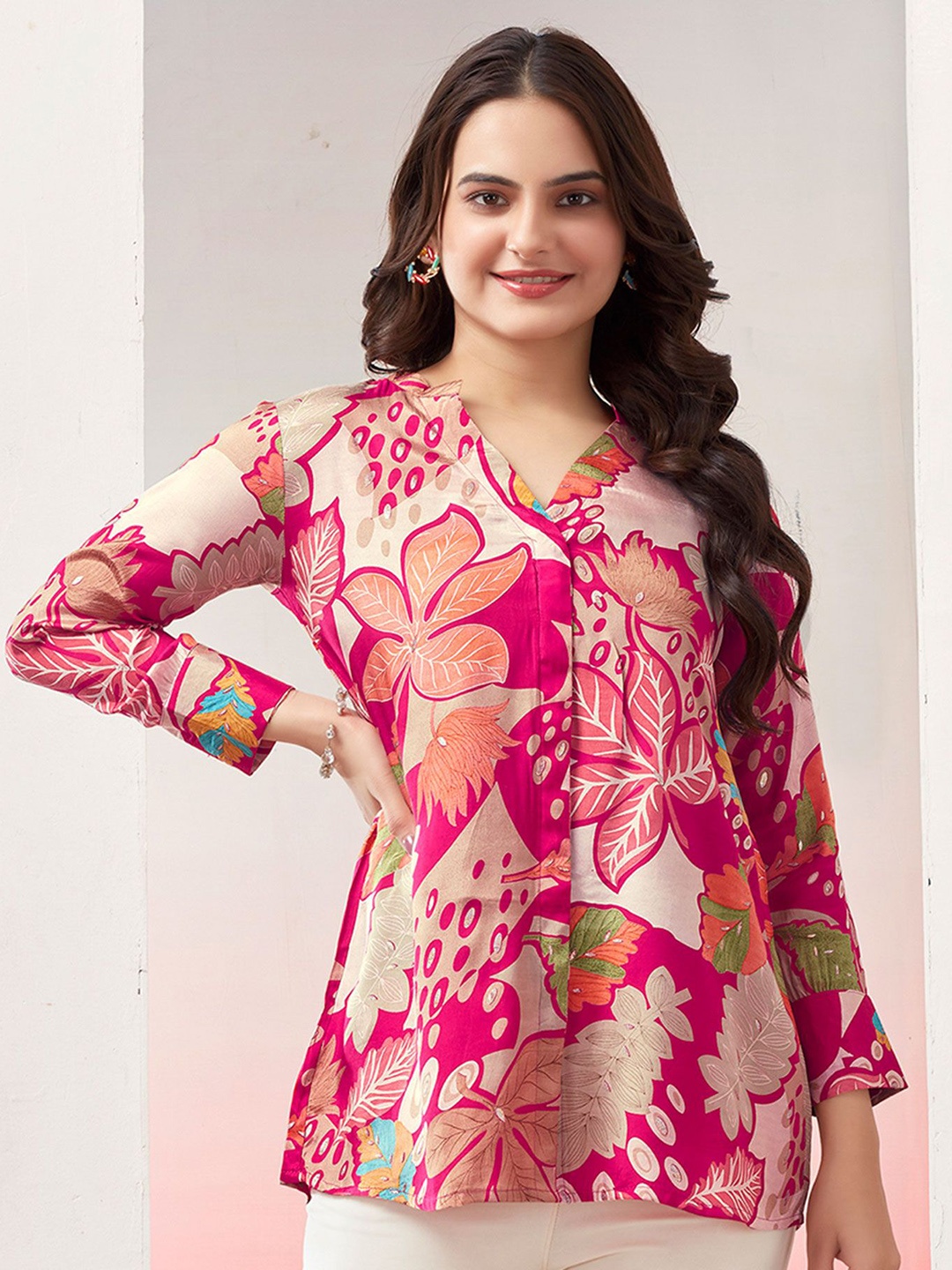 

Peachmode Women Floral Printed Cotton Longline Shirt Style Top, Pink