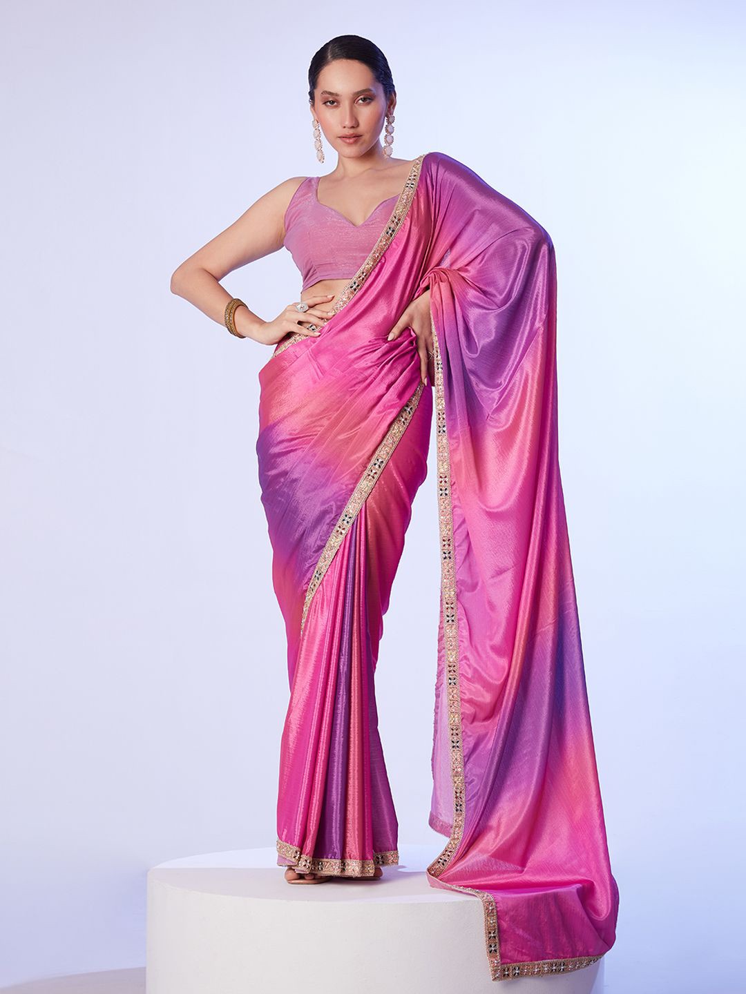 

Kalista Ombre Embroidered Satin Saree, Pink