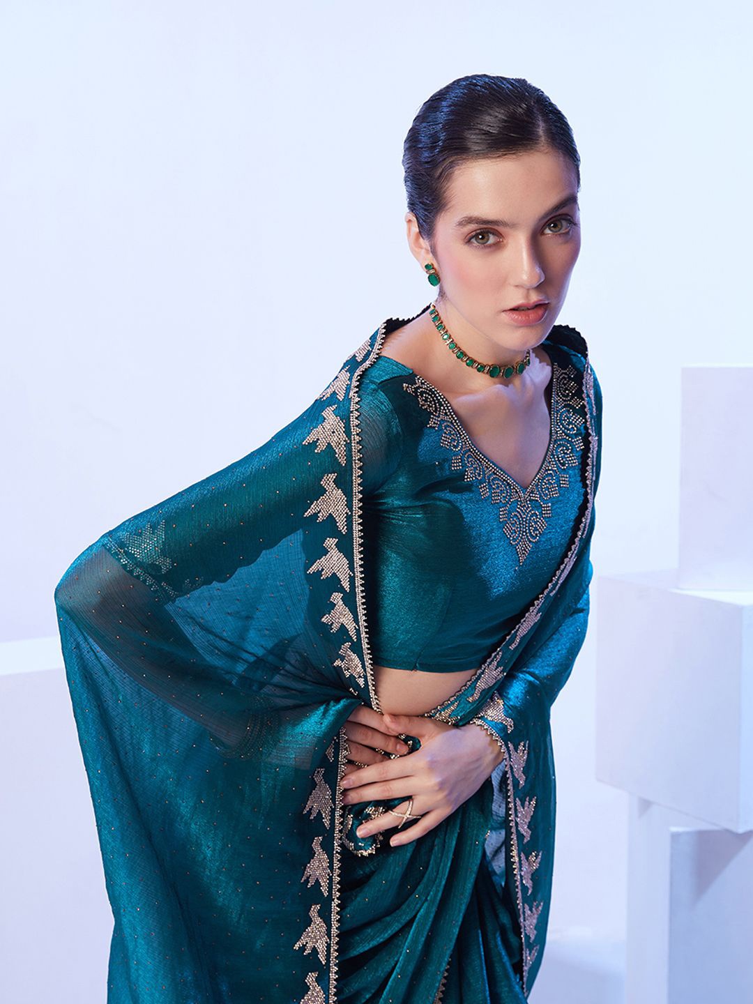 

Kalista Embellished Beads and Stones Organza Designer Saree, Teal