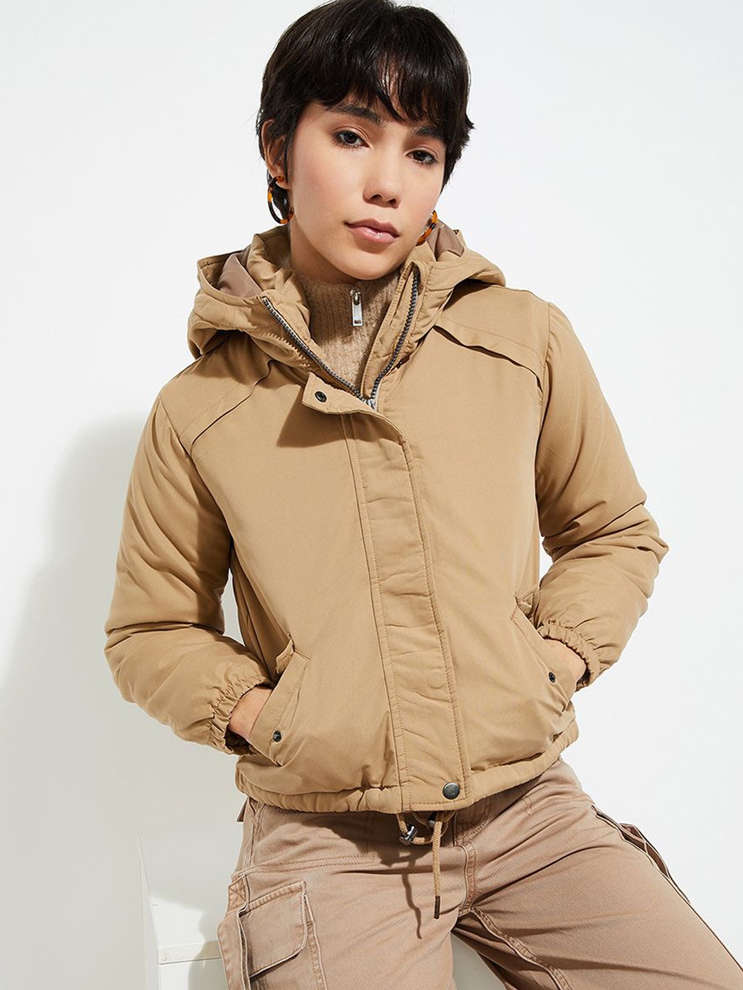 

MAX URB_N Women Solid Hooded Jacket, Beige