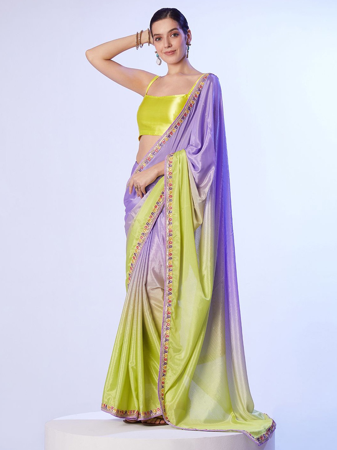 

Kalista Ombre Sequinned Embellished Satin Saree, Lime green