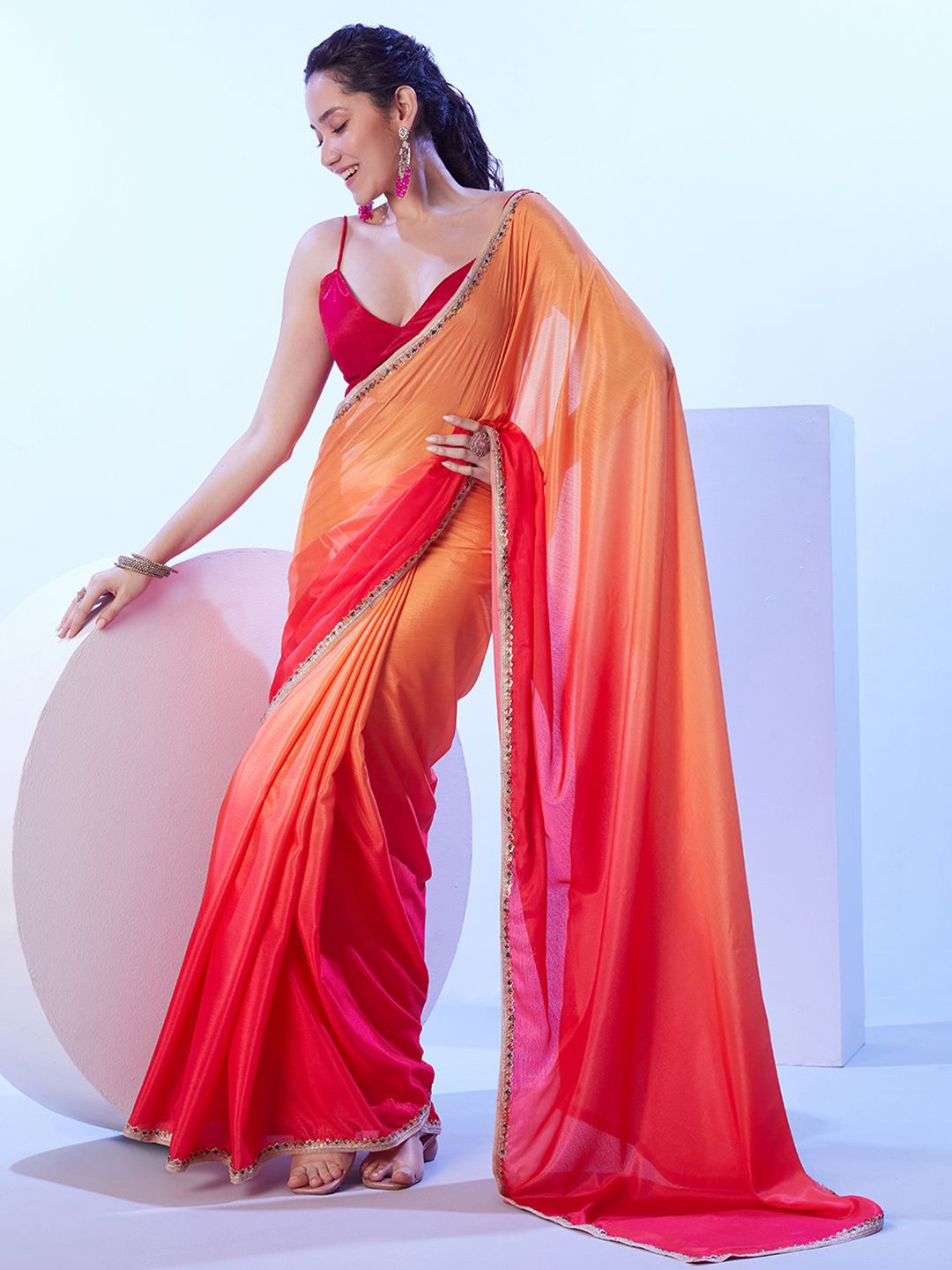 

Kalista Ombre Sequinned Embellished Satin Saree, Red