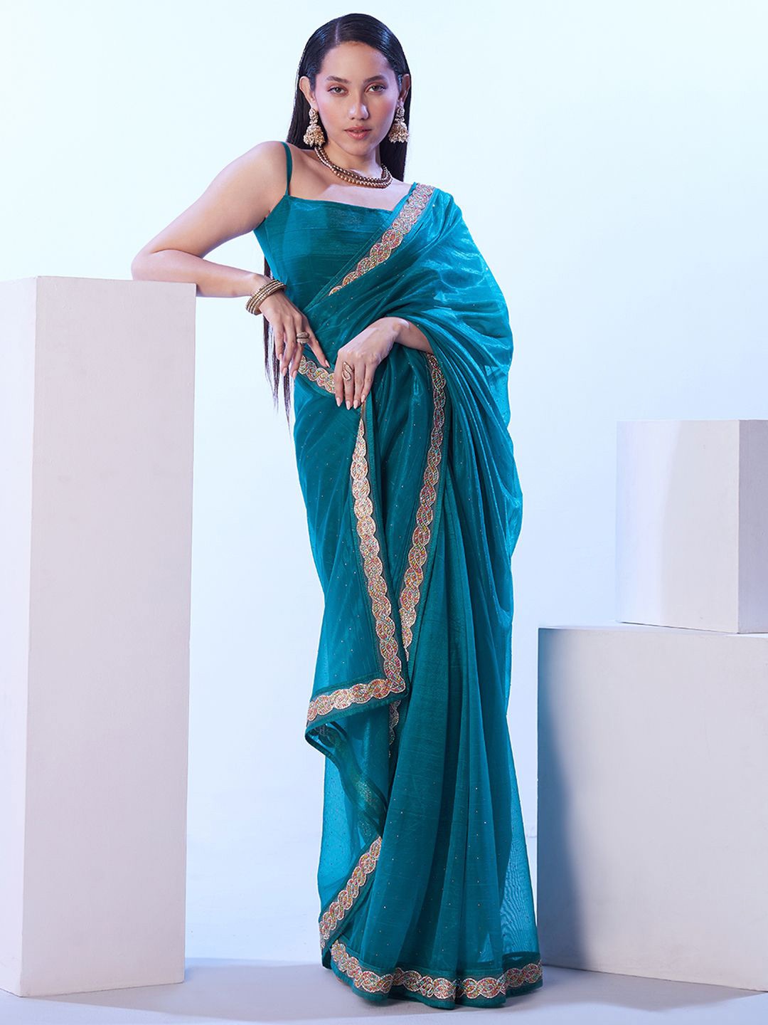 

Kalista Embellished Beads and Stones Satin Saree, Teal