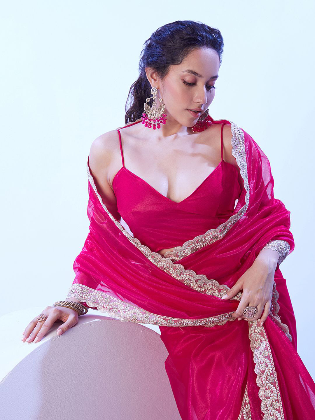 

Kalista Embellished Beads and Stones Satin Saree, Red