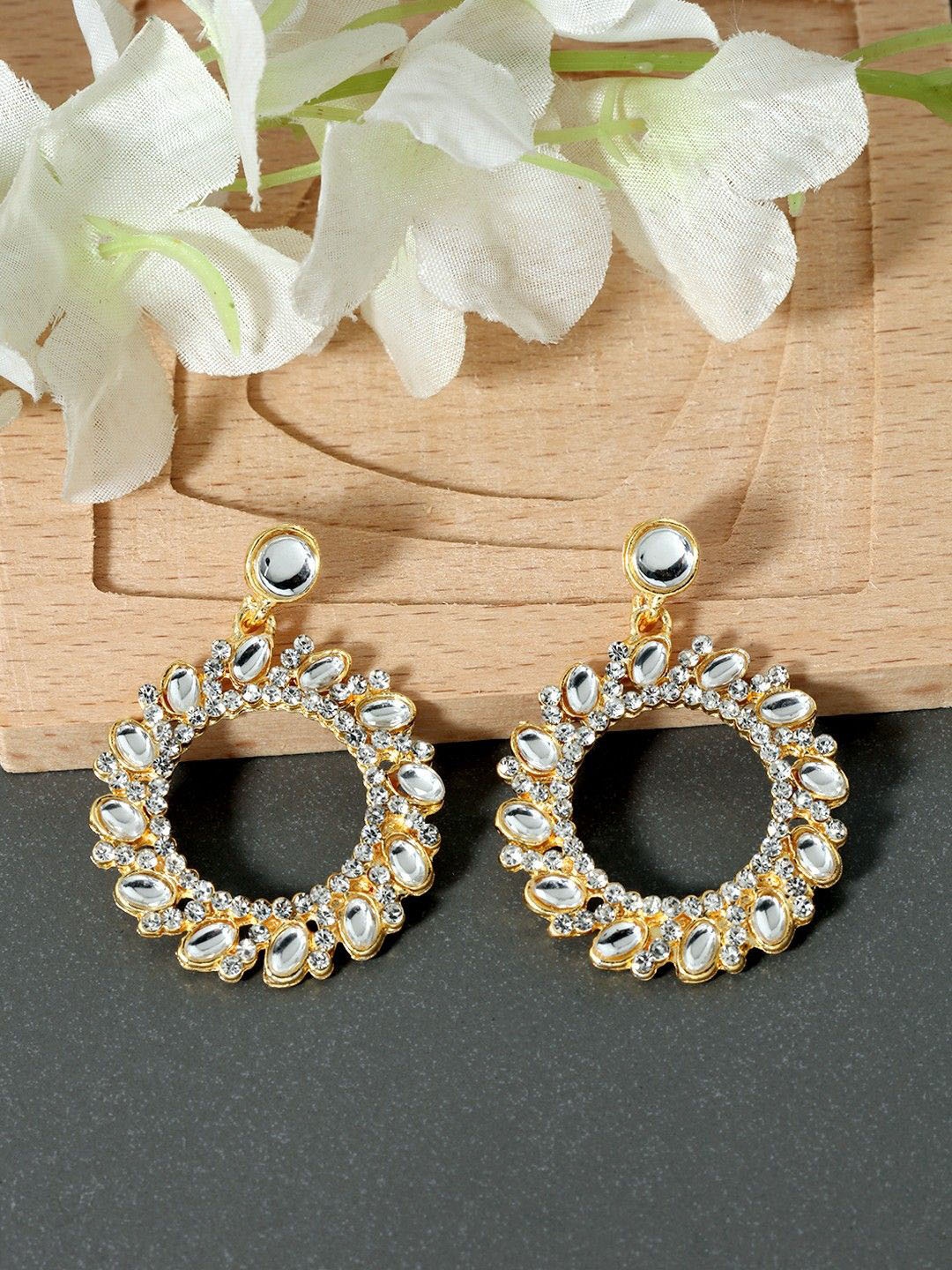 

Anouk White And Gold-Plated Kundan And Rhinestone Studded Drop Shaped Earrings