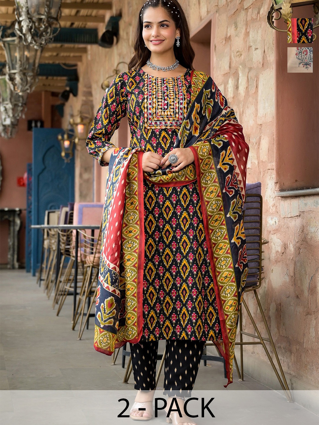 

KALINI Selection Of 2 Ethnic Motifs Printed Straight Kurta With Trousers And Dupatta, Red