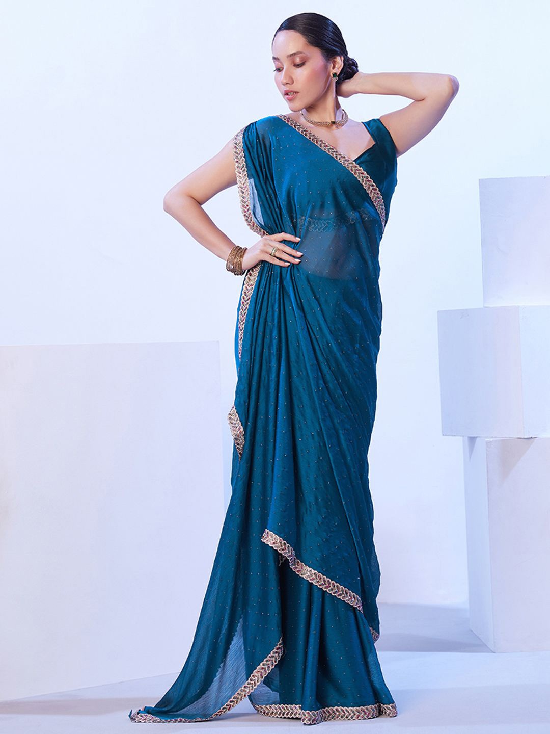 

Kalista Embellished Beads and Stones Satin Saree, Teal