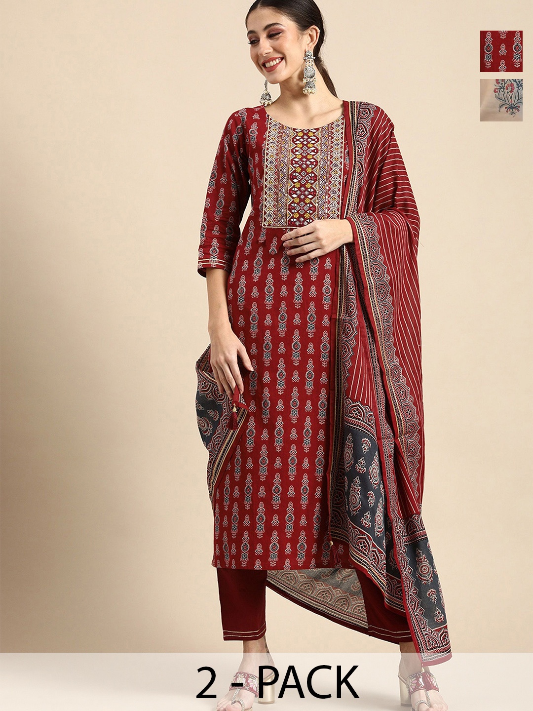

KALINI Selection Of 2 Ethnic Motifs Printed Kurtas With Trousers & Dupattas, Red