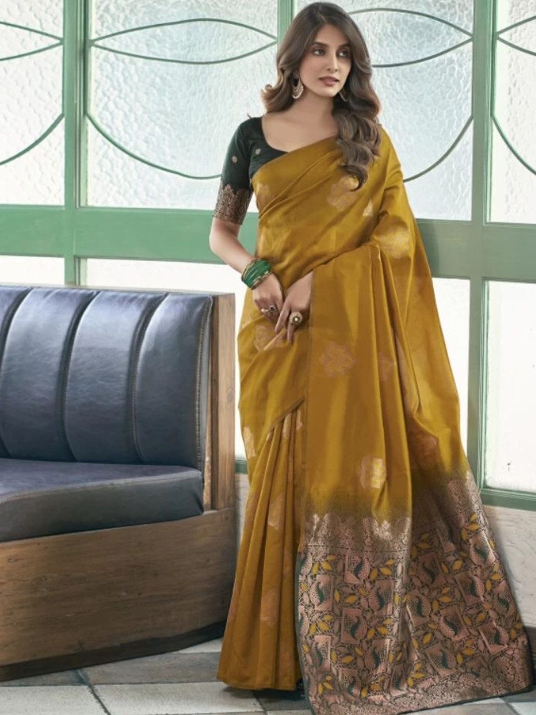 

SANJANA SILK Ethnic Motifs Woven Design Zari Kanjeevaram Saree, Yellow