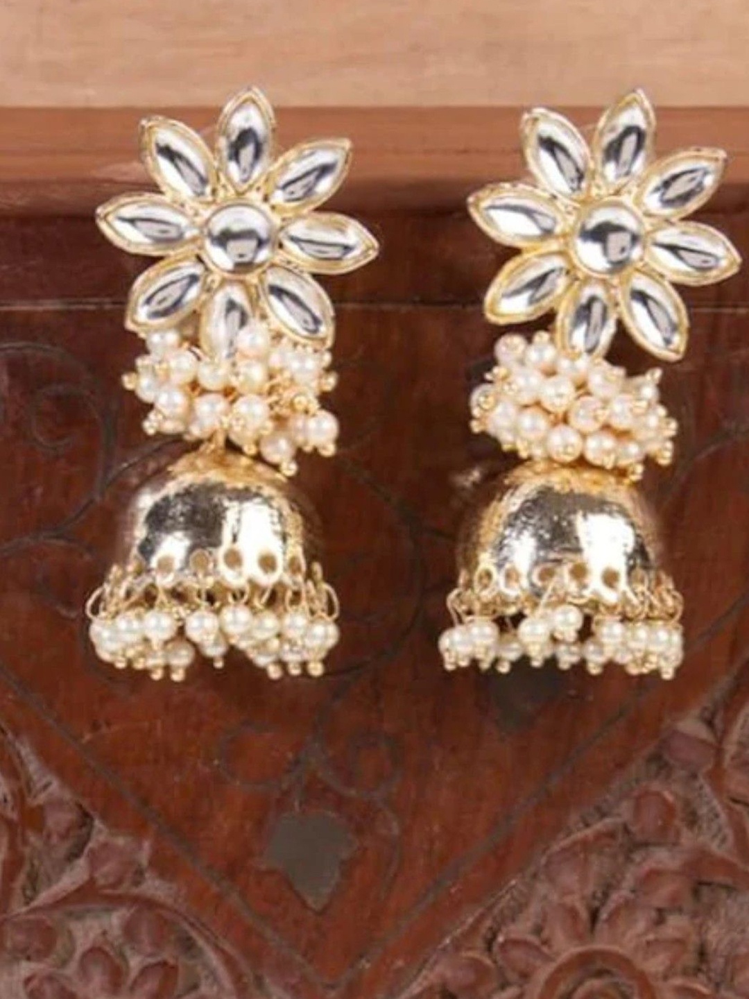 

Anouk Gold And White Gold-Plated Pearls Beaded Jhumkas