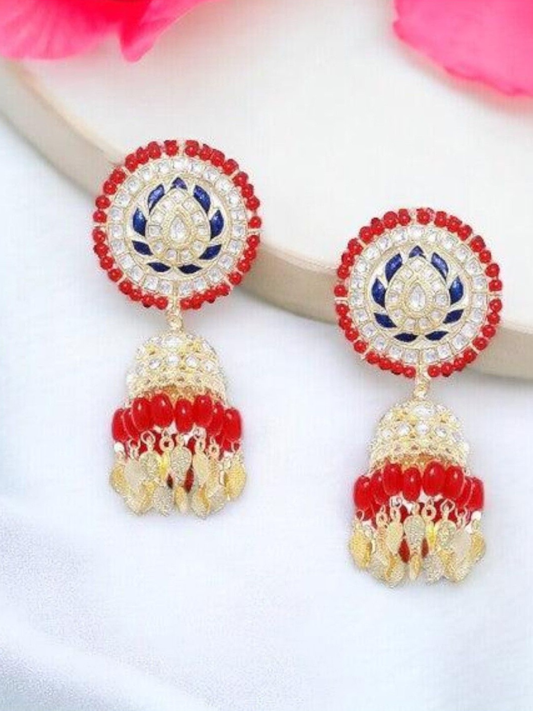 

Anouk Red And Blue Gold-Plated Artificial Beads And Kundan Studded Jhumkas
