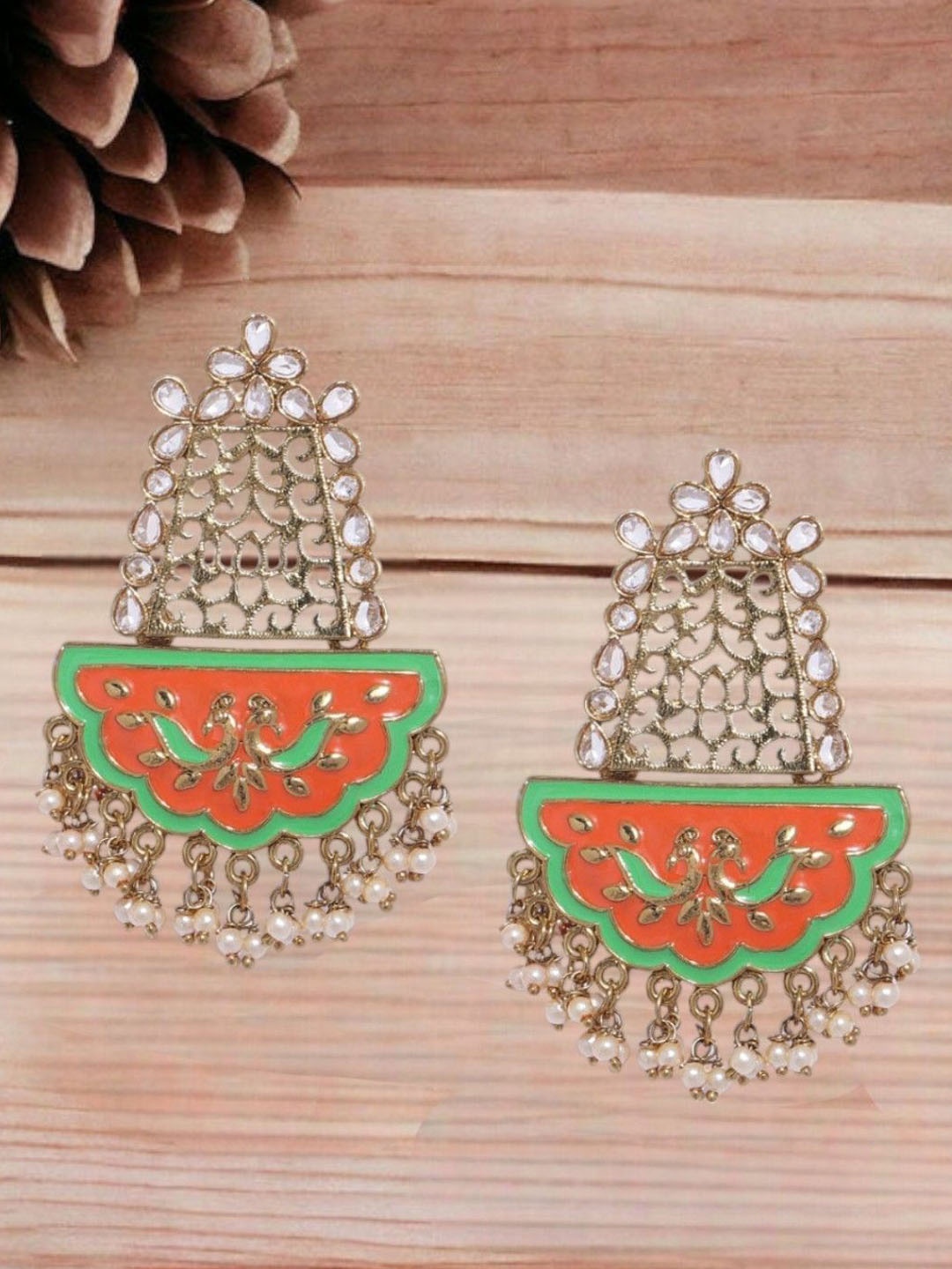 

Anouk Green And Orange Gold-Plated Meenakari Studded Peacock Shaped Chandbalis