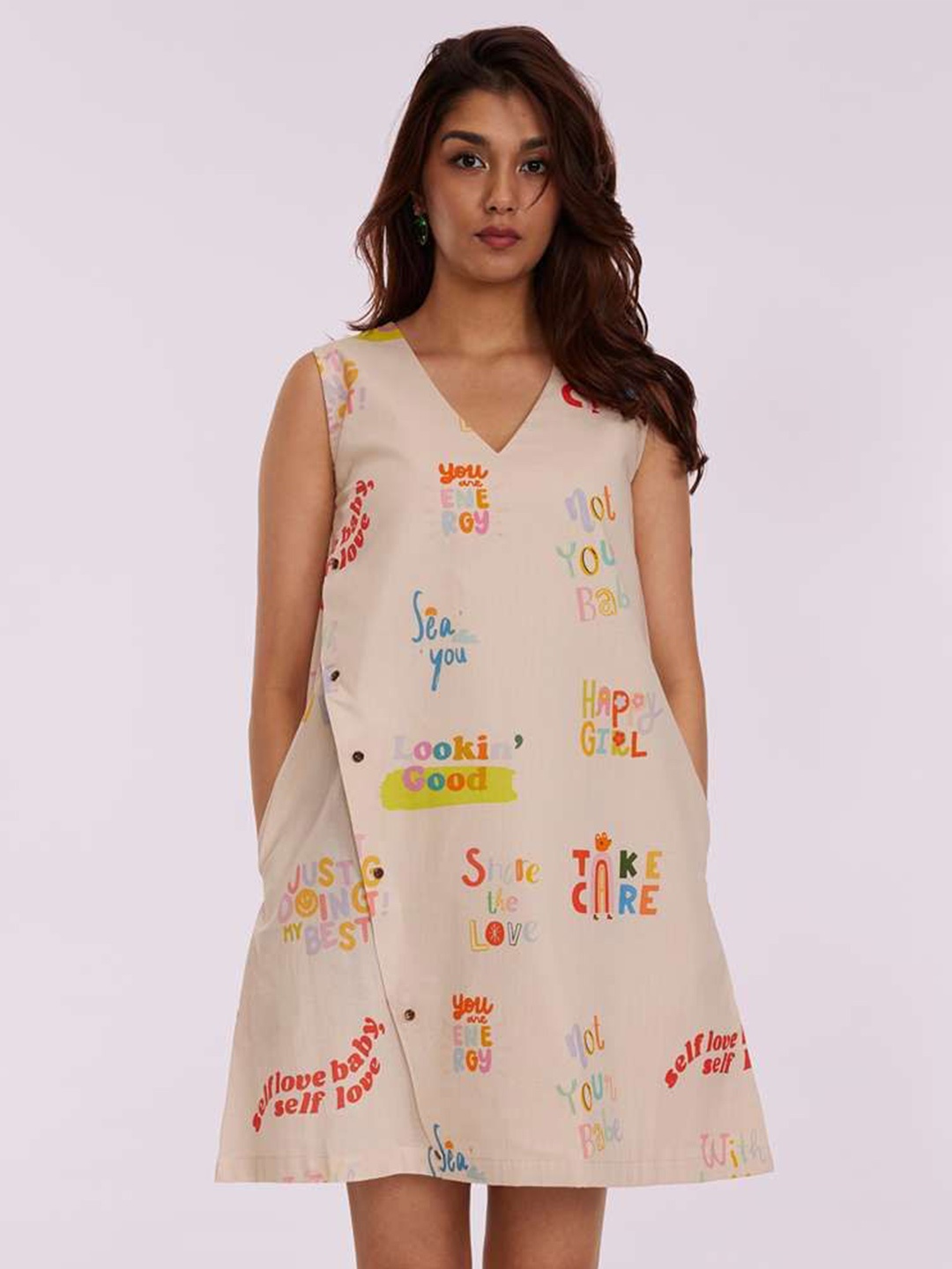 

POPPI Happy Printed Mini Dress, Beige