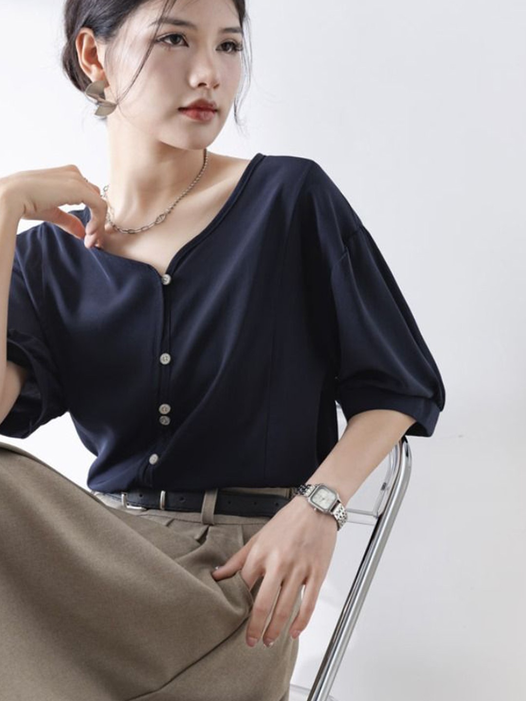 

StyleCast Women Solid V-Neck Casual Top, Navy blue