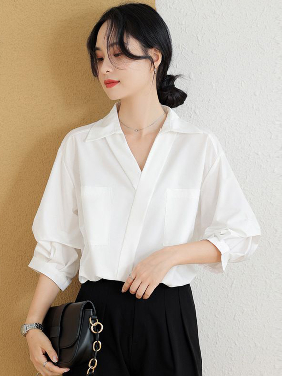 

StyleCast Women Solid Shirt Collar Longline Top, White