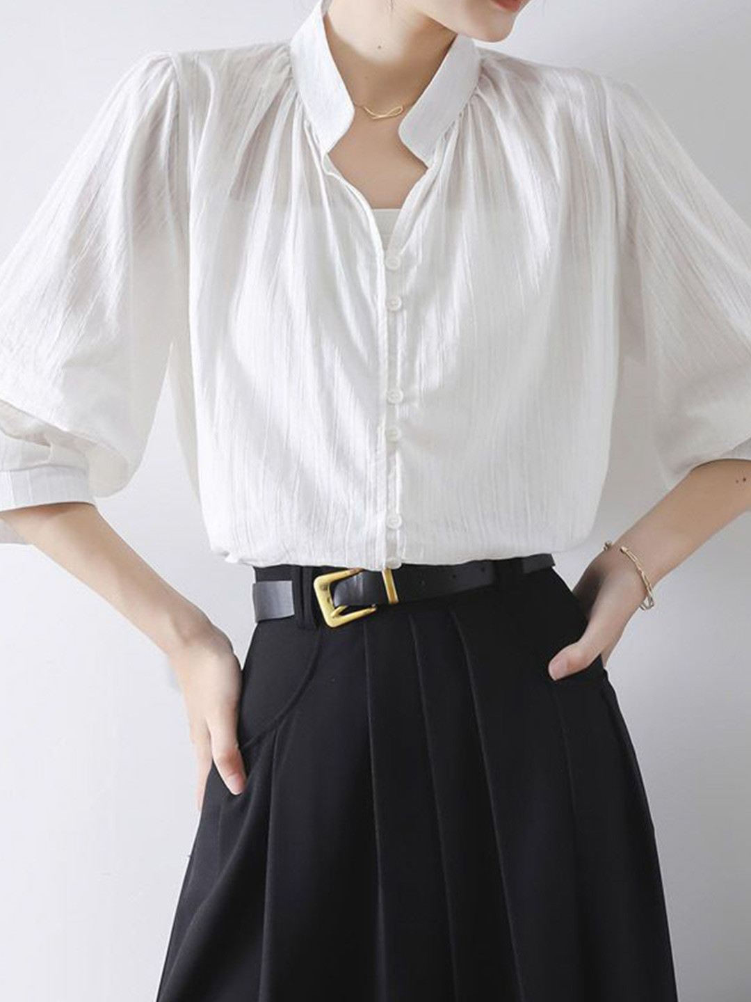 

StyleCast Women Solid Puff Sleeves Mandarin Collar Semi Sheer Oversized Casual Shirt, White