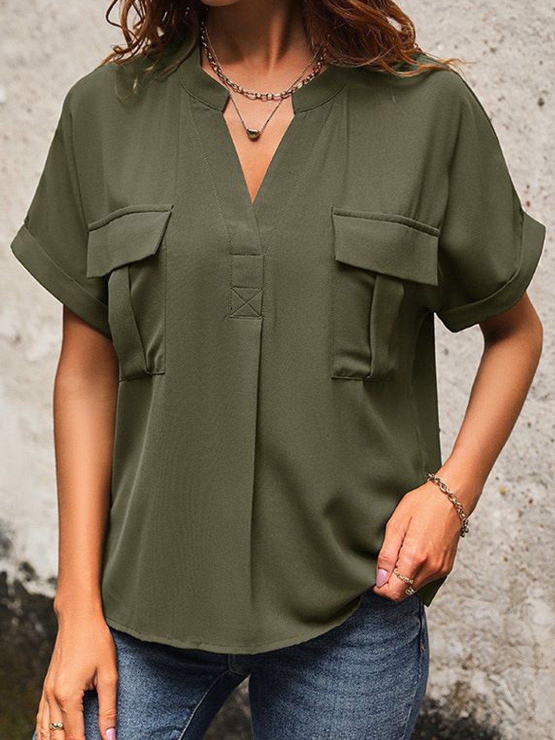 

StyleCast Mandarin Collar Shirt Style Top, Olive