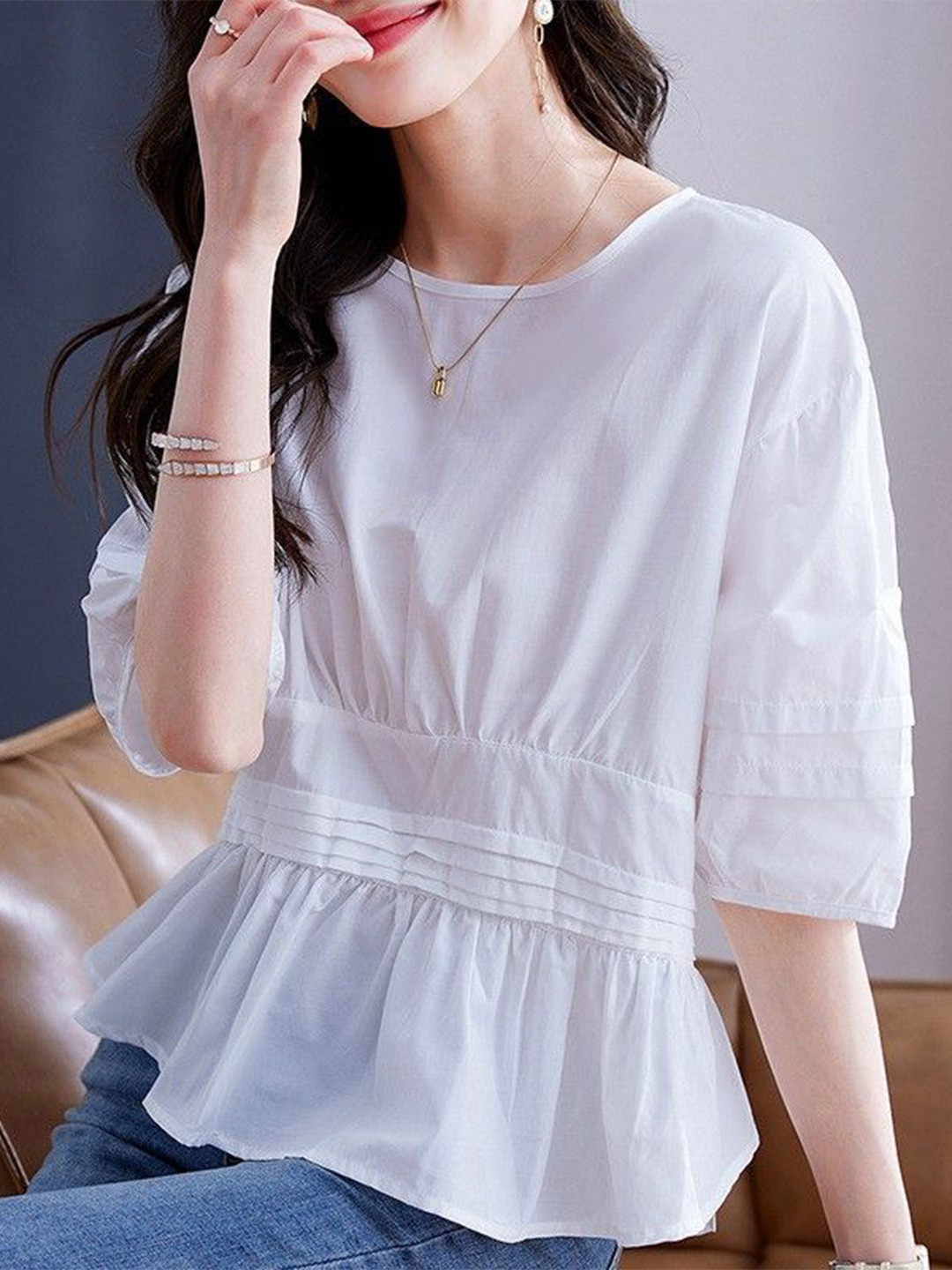 

StyleCast Women Solid Round Neck Peplum Top, White