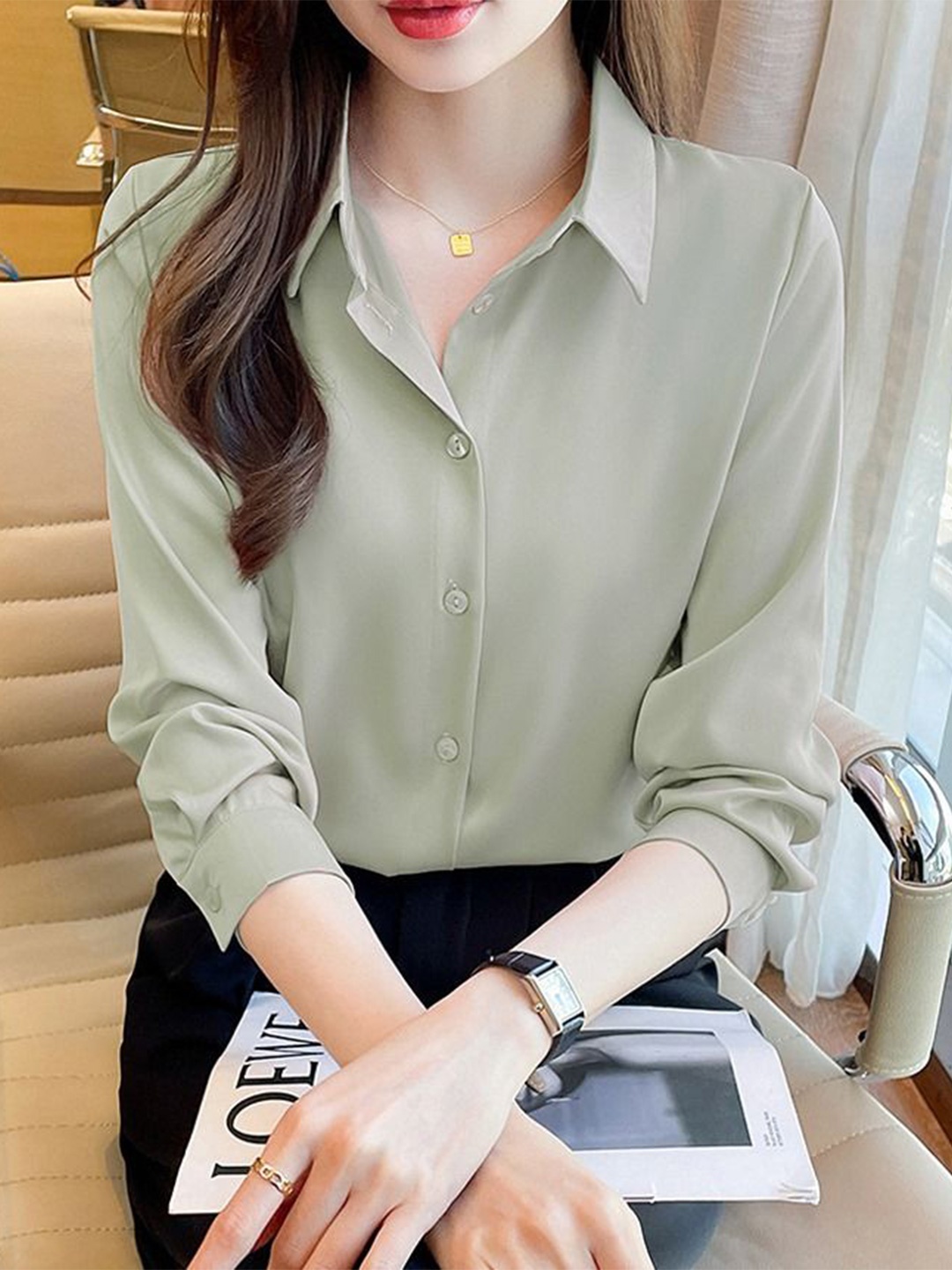 

StyleCast Women Spread Collar Solid Formal Shirt, Green