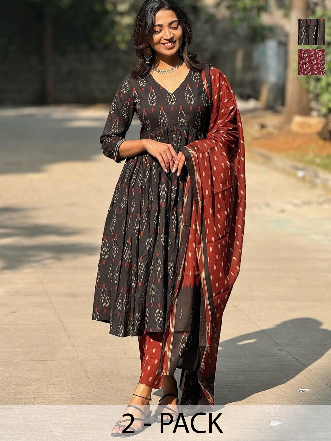 

KALINI Selection Of 2 Ethnic Motifs Printed Straight Kurta With Trousers And Dupatta, Black