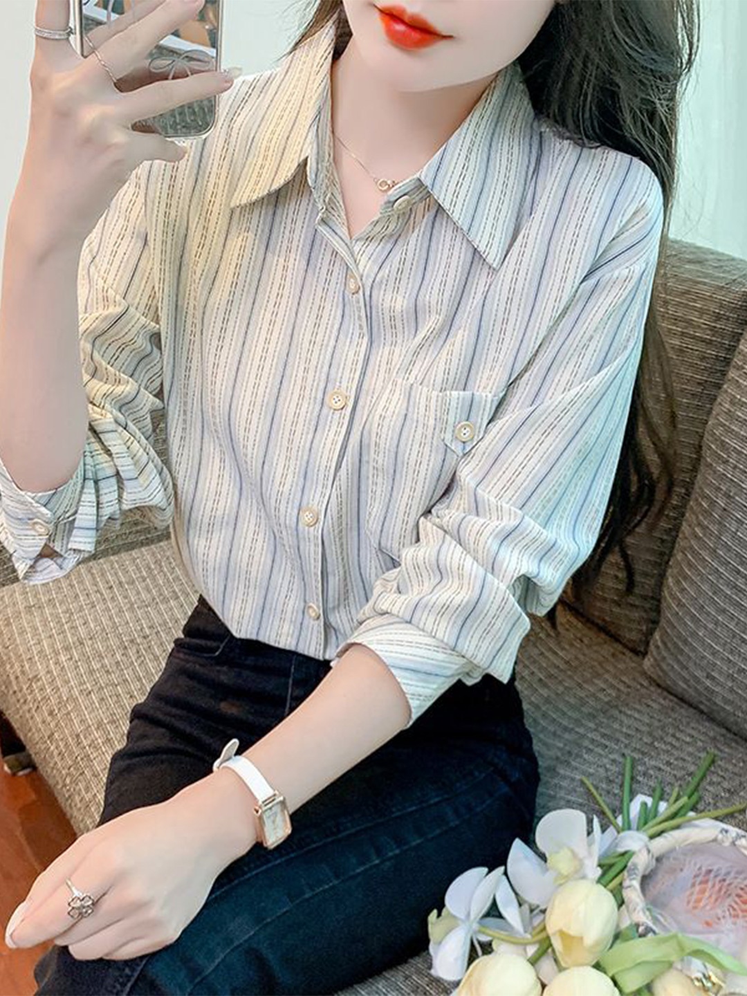 

StyleCast Women Spread Collar Vertical Striped Casual Shirt, White