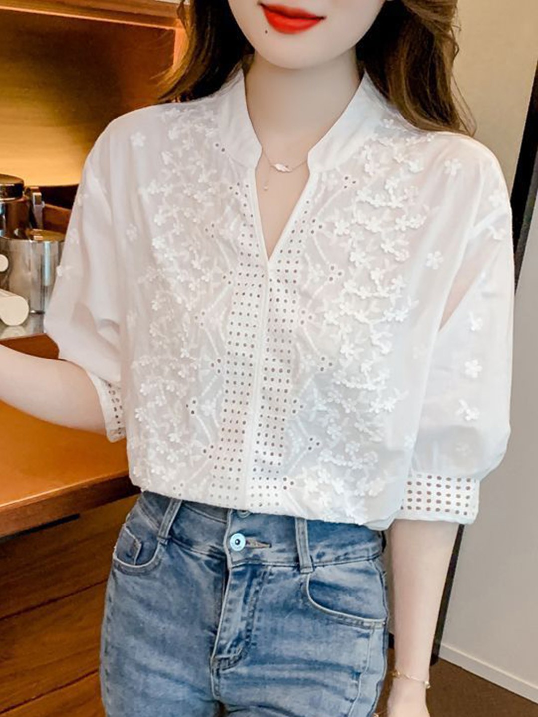 

StyleCast Women Self Design Embroidered Mandarin Collar Top, White