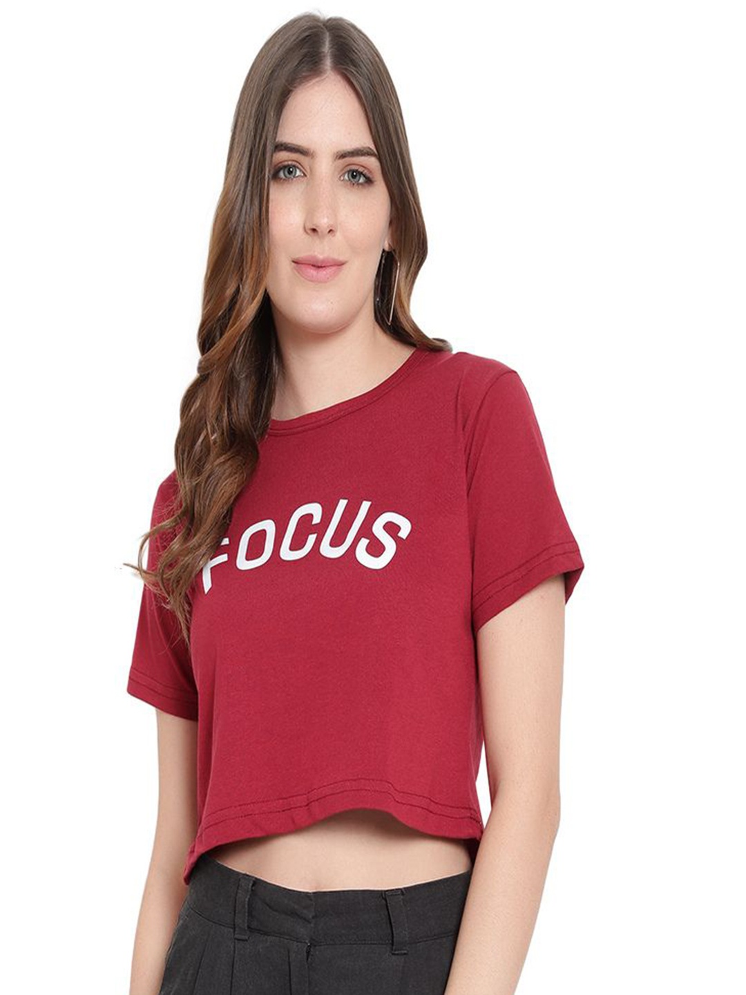 

DEEPMAYRA COLLECTION Women Typography Printed Round Neck Cotton T-shirt, Red