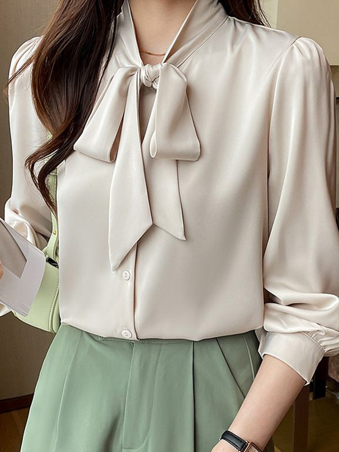 

StyleCast Women Solid Tie-Up Neck Top, Beige