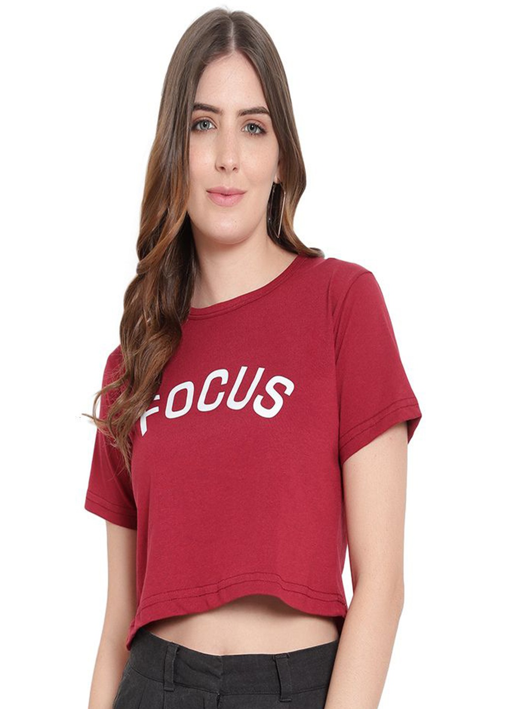 

DEEPMAYRA COLLECTION Women Typography Printed Round Neck Cotton T-shirt, Red