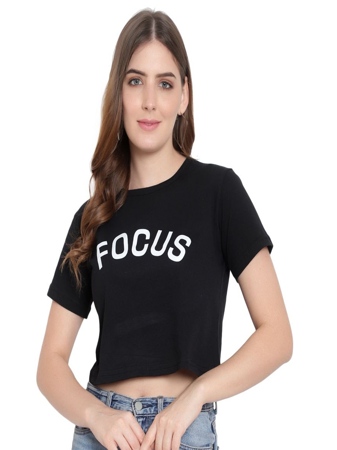 

DEEPMAYRA COLLECTION Women Typography Printed Round Neck Cotton T-shirt, Black