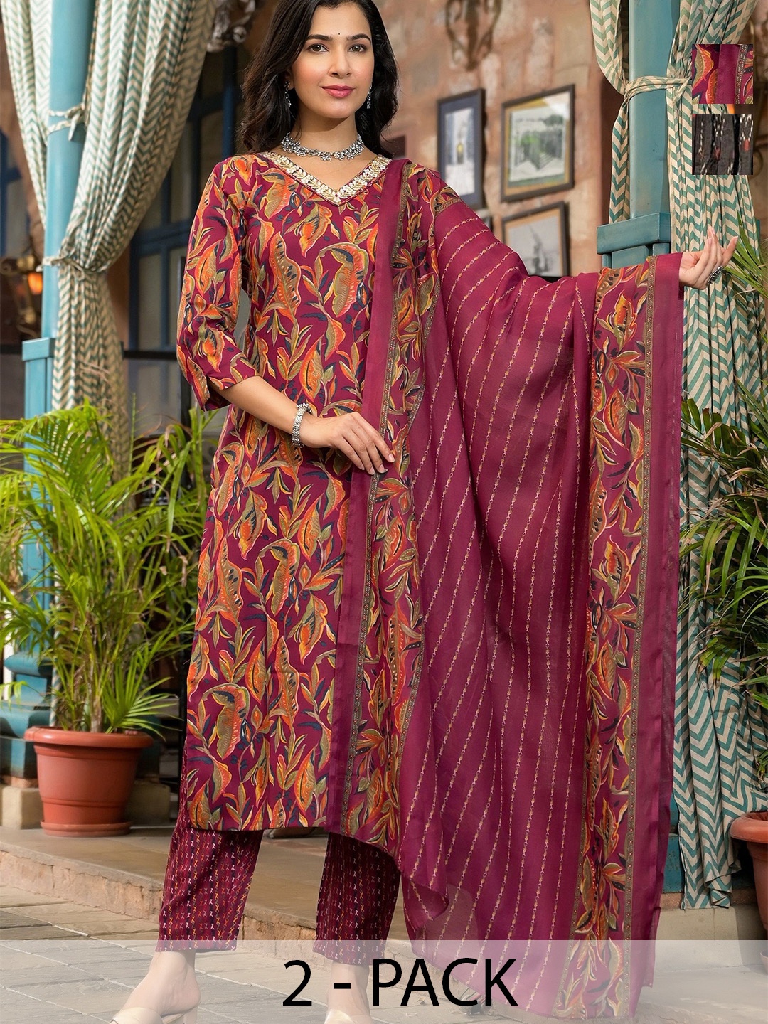 

KALINI Sonia Selection Of 2 Floral Printed V-Neck Kurtas With Trousers And Dupatta, Maroon