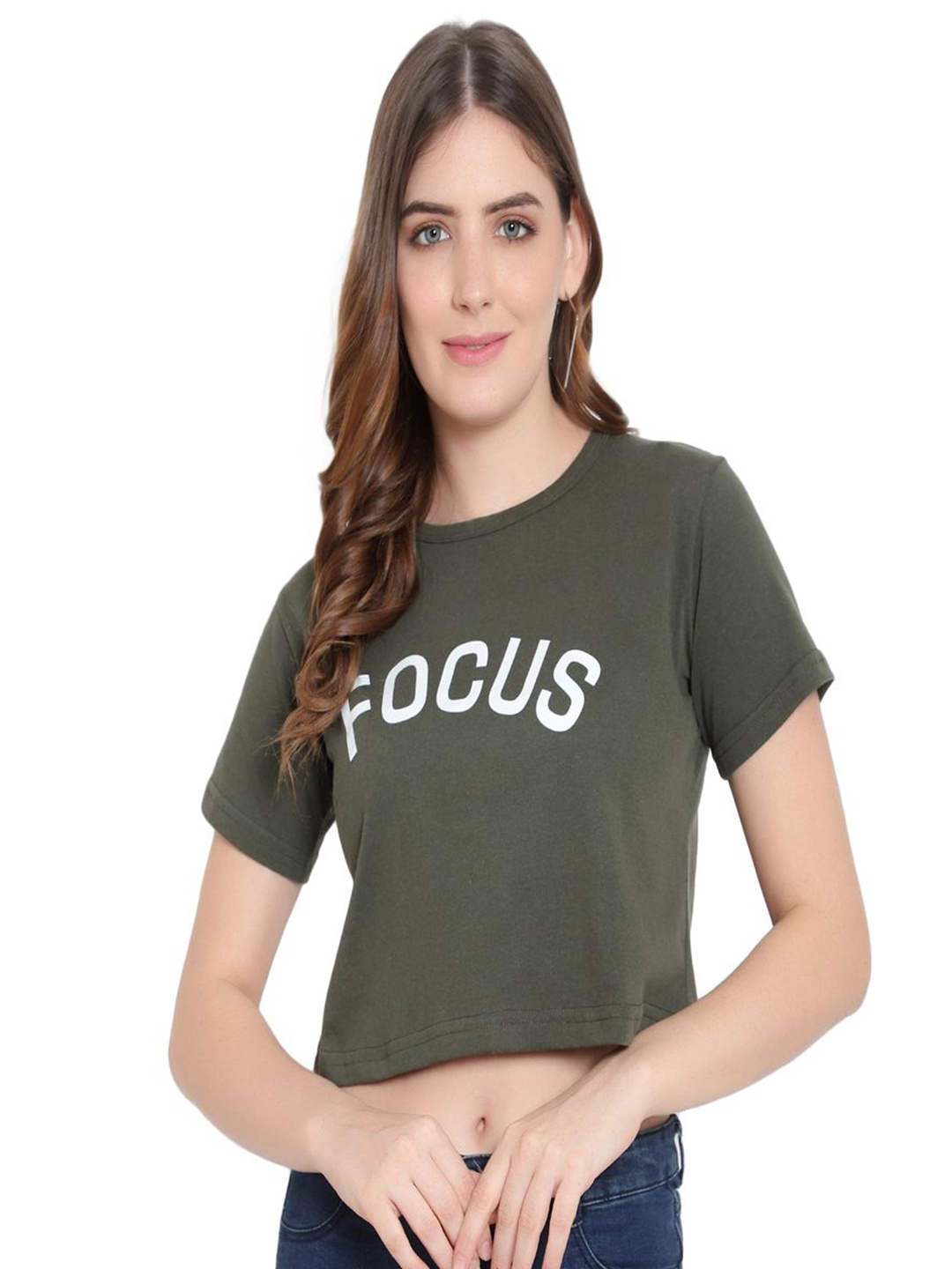 

DEEPMAYRA COLLECTION Women Typography Printed Round Neck Cotton T-shirt, Olive
