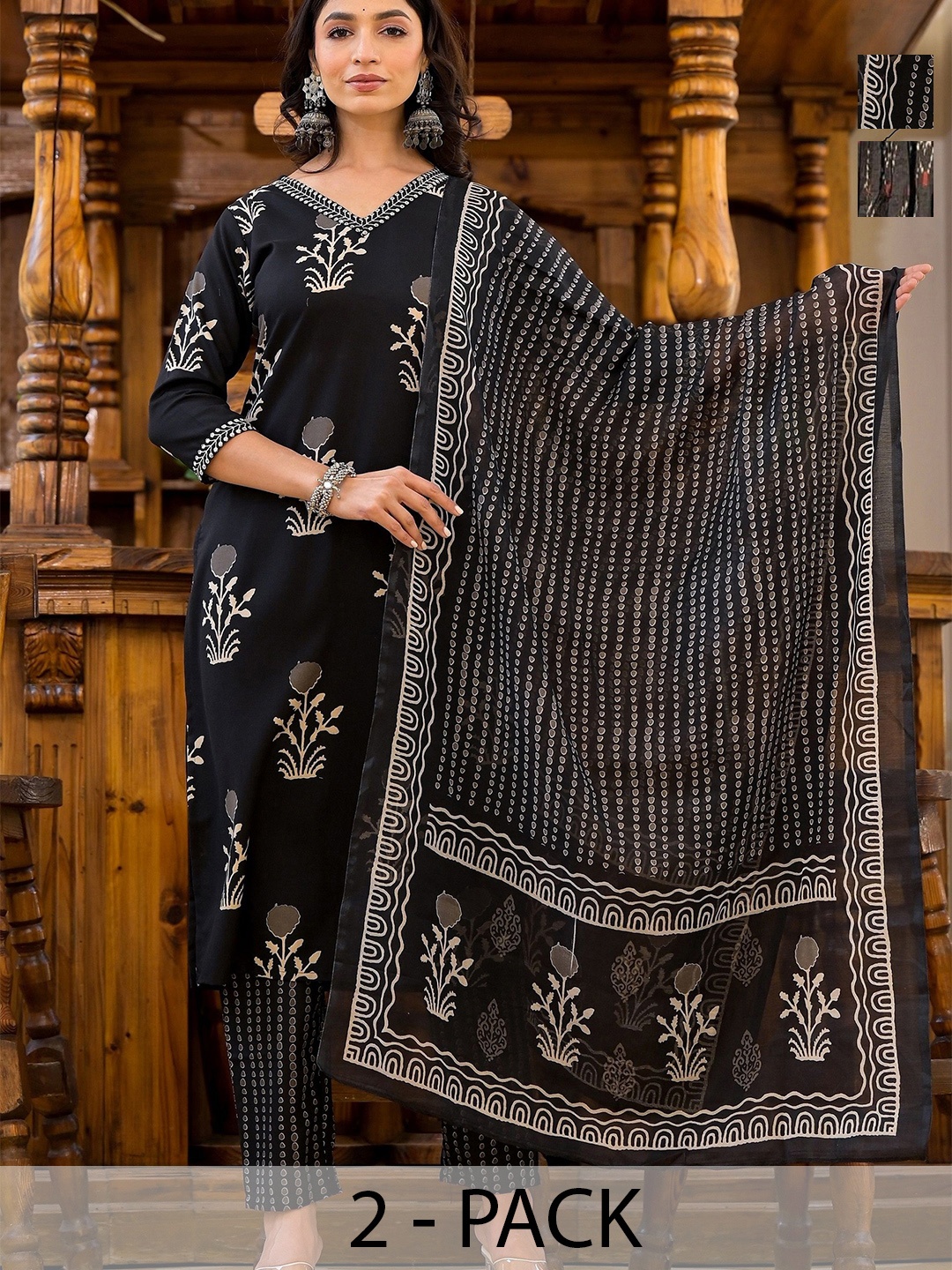 

KALINI Sonia Selection Of 2 Floral Printed V-Neck Straight Kurta With Trouser And Dupatta, Black