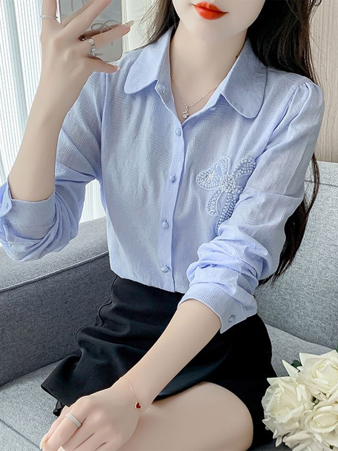 

StyleCast Women Spread Collar Textured Casual Shirt, Blue