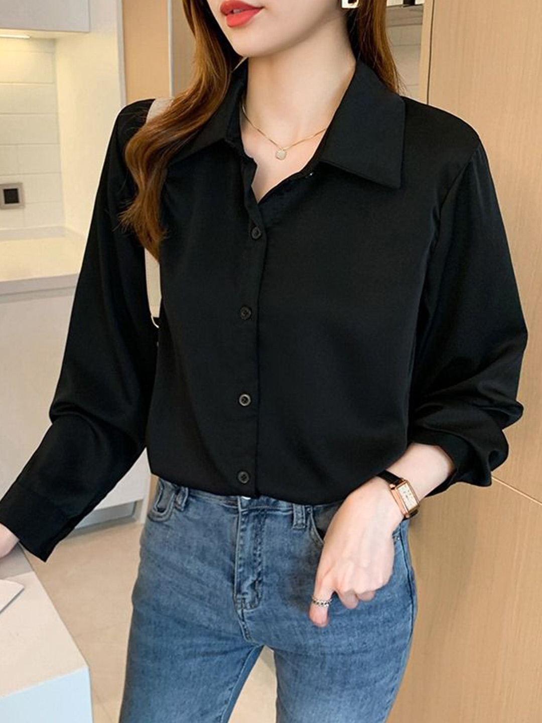 

StyleCast Women Spread Collar Solid Casual Shirt, Black