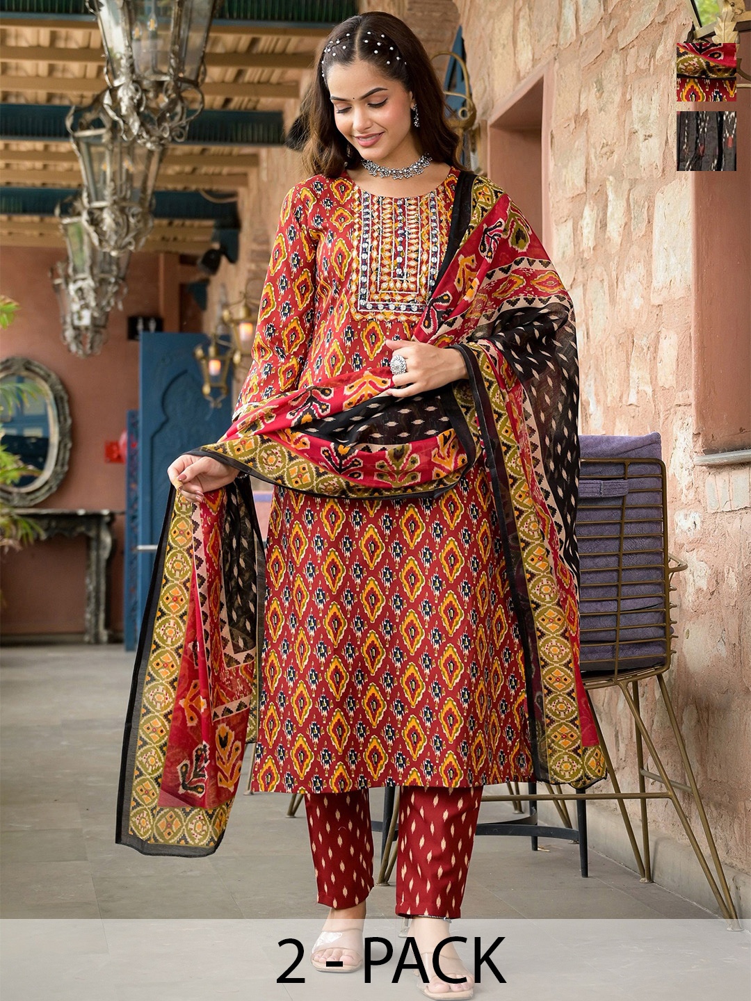 

KALINI Sonia Selection Of 2 Ethnic Motifs Printed Round Neck Kurta With Trouser & Dupatta, Red