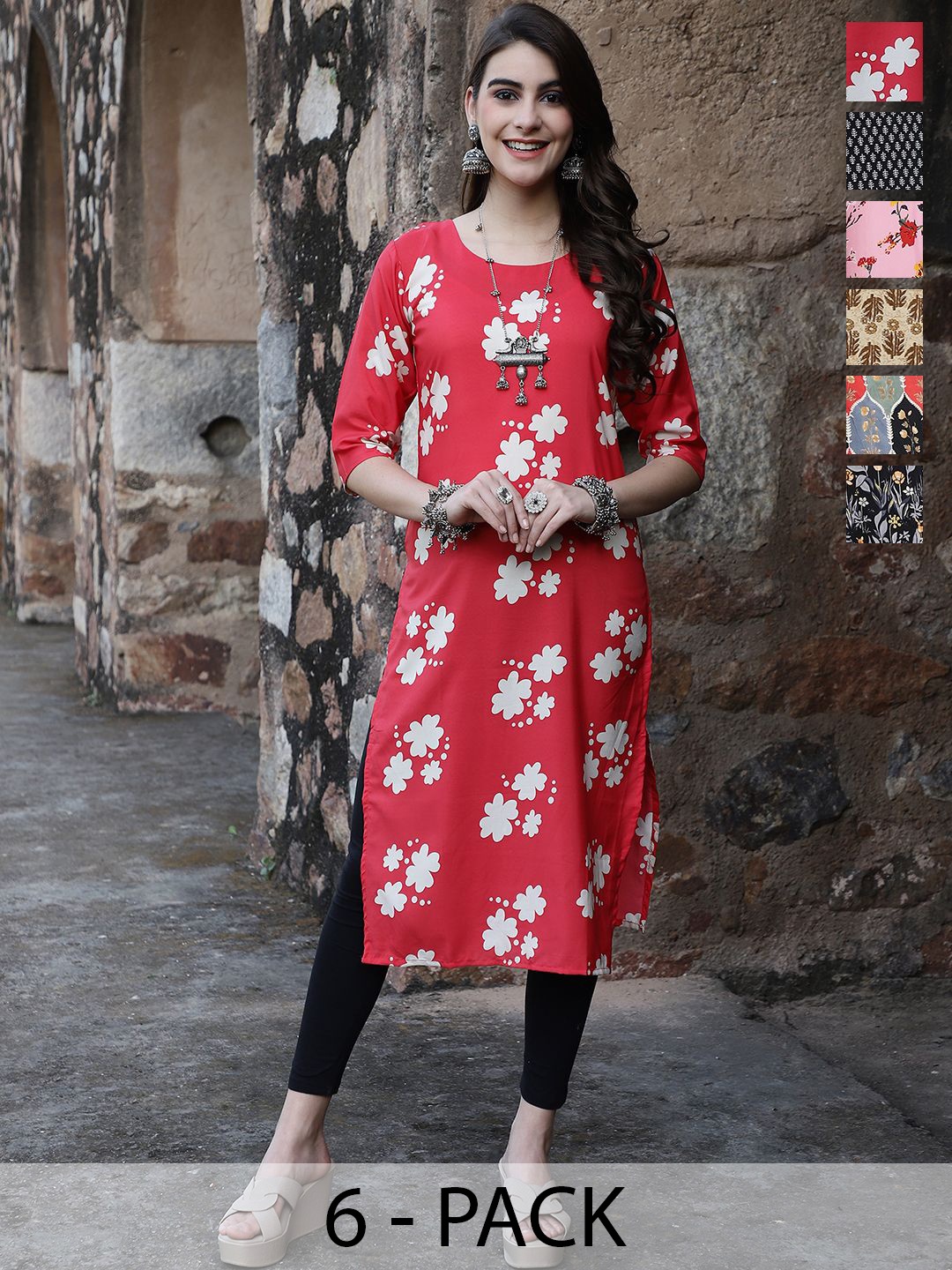 

7Threads Selection Of 6 Floral Printed Round Neck Straight Kurta, Red