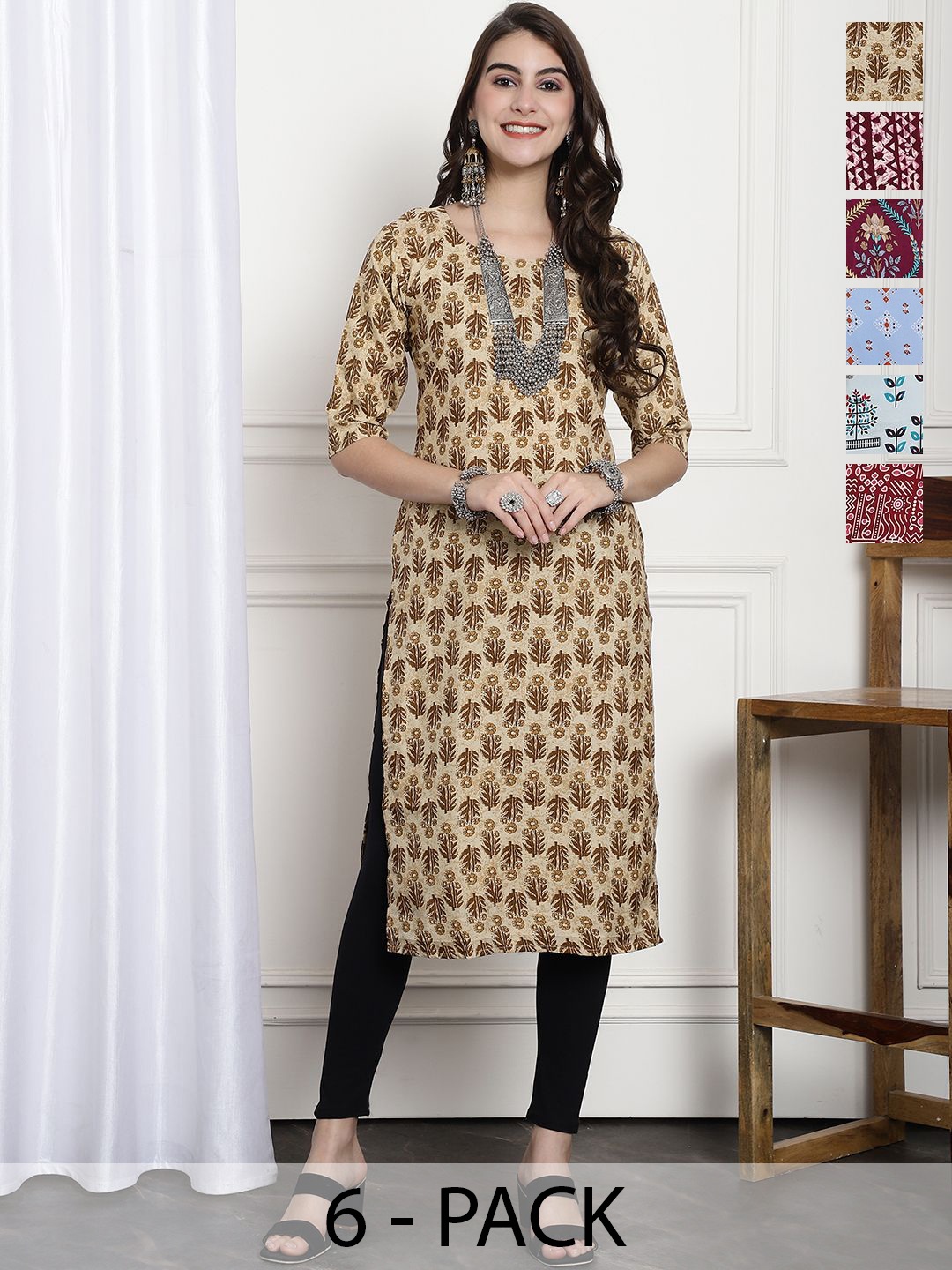 

7Threads Selection Of 6 Ethnic Motifs Printed Round Neck Straight Kurta, Beige