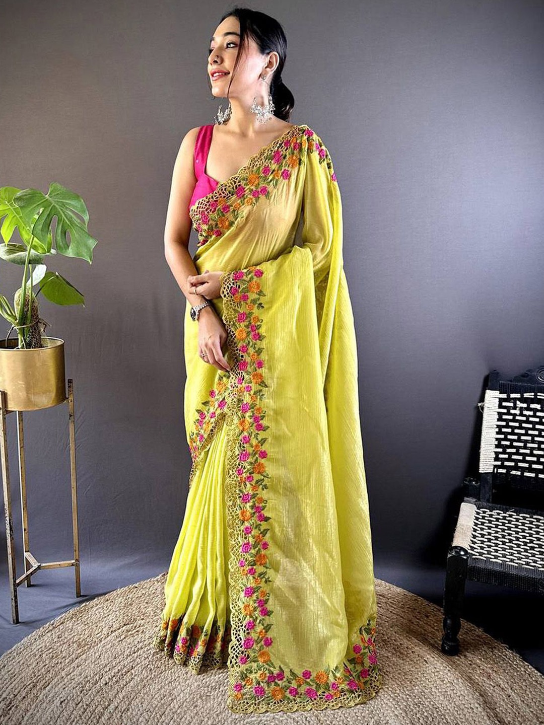 

Anouk Embroidered Tissue Saree, Lime green