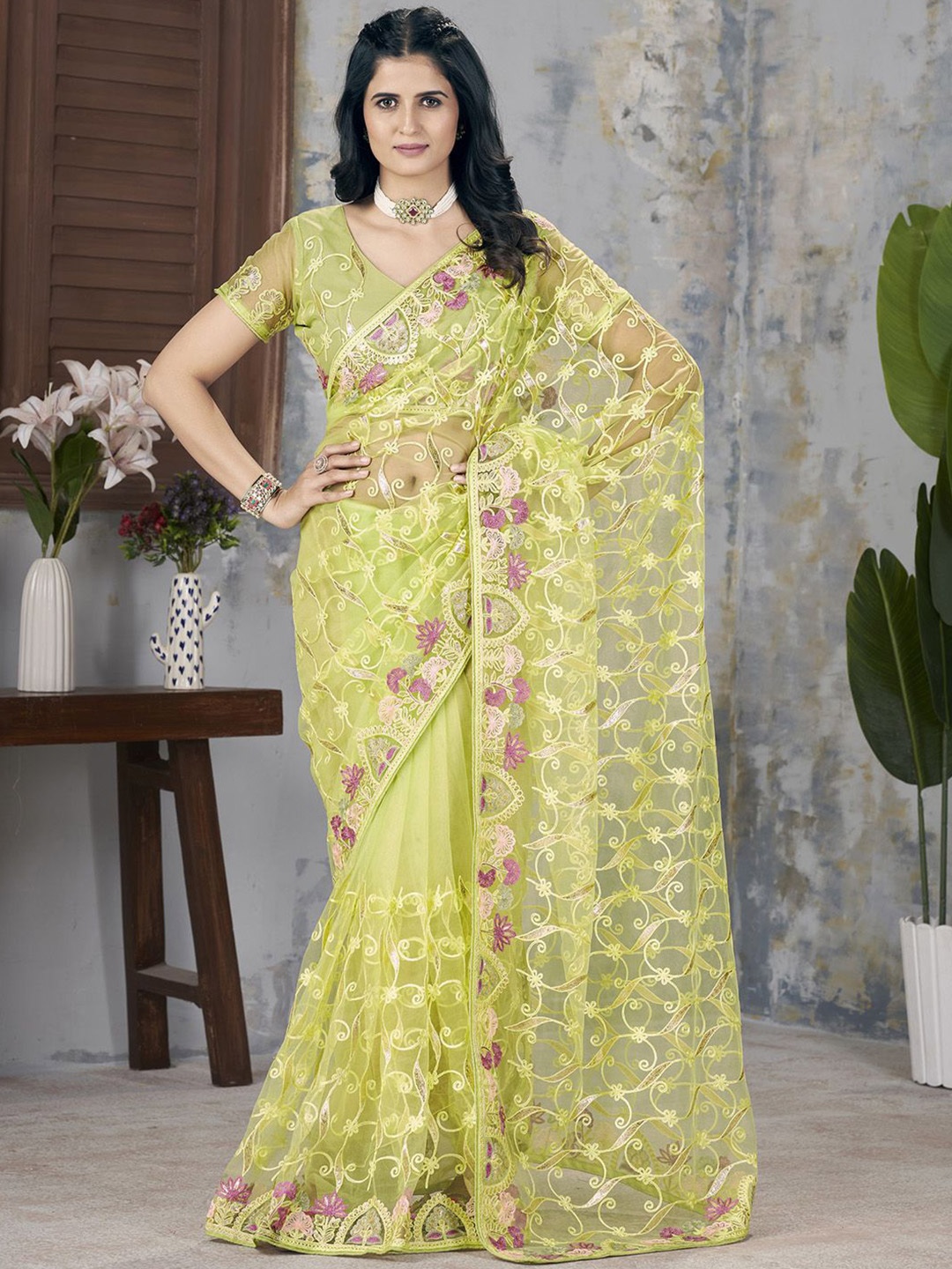 

Anouk Floral Embroidered Net Saree, Lime green