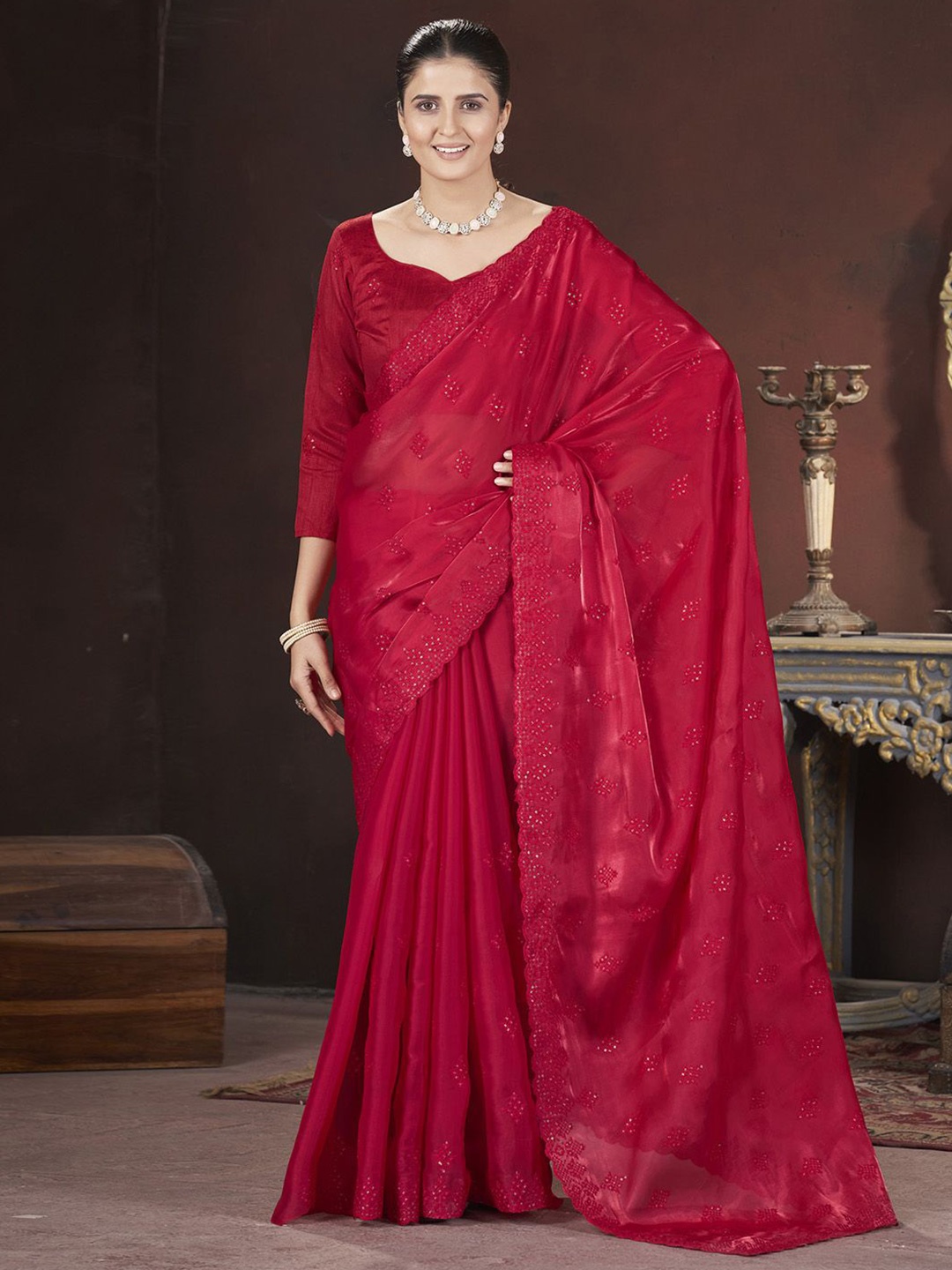 

Anouk Embellished Sequinned Organza Saree, Red