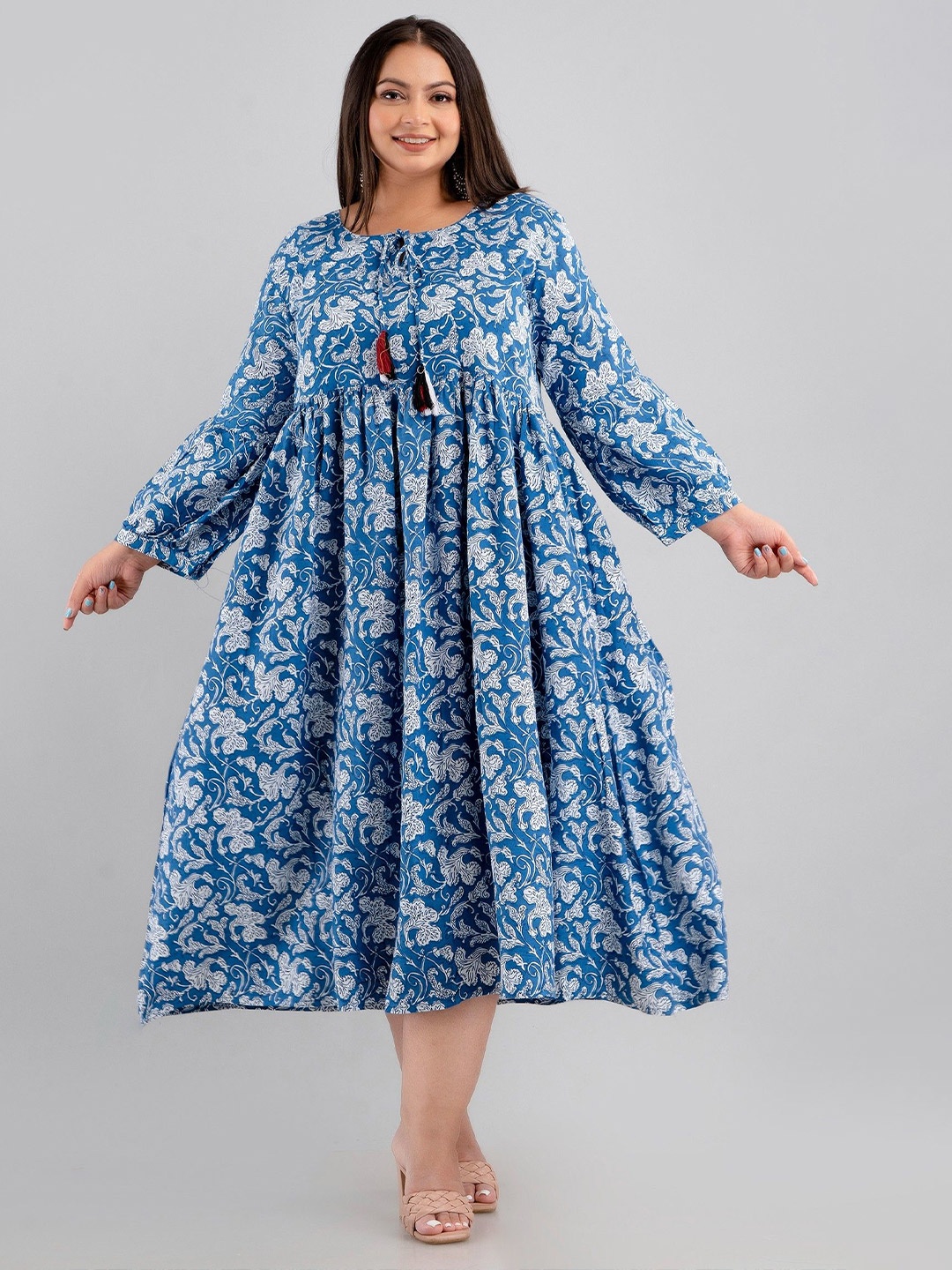 

Fashion Zest Women Plus Size Floral Printed Empire Midi Dress, Blue