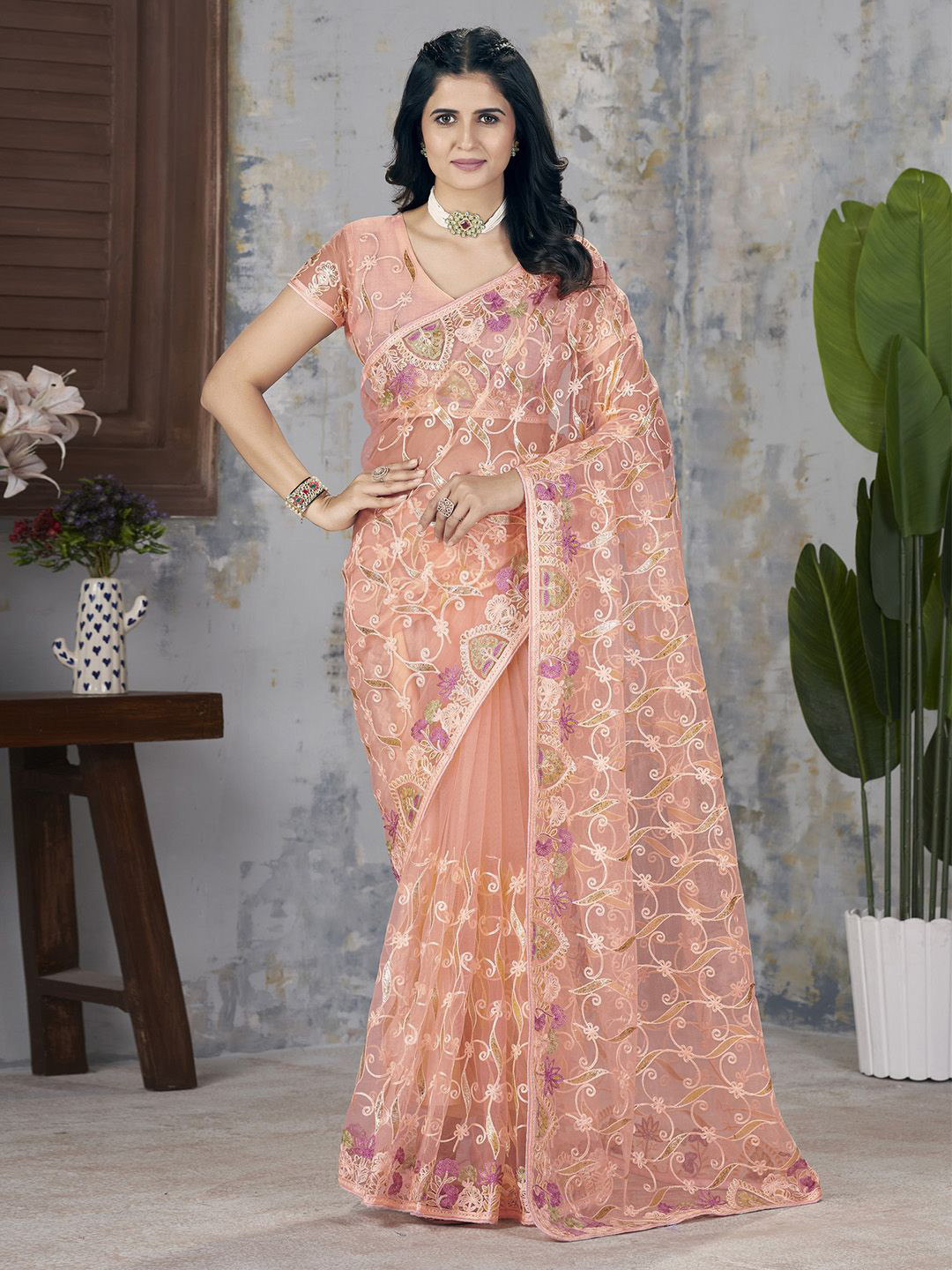 

Anouk Embroidered Net Saree, Peach