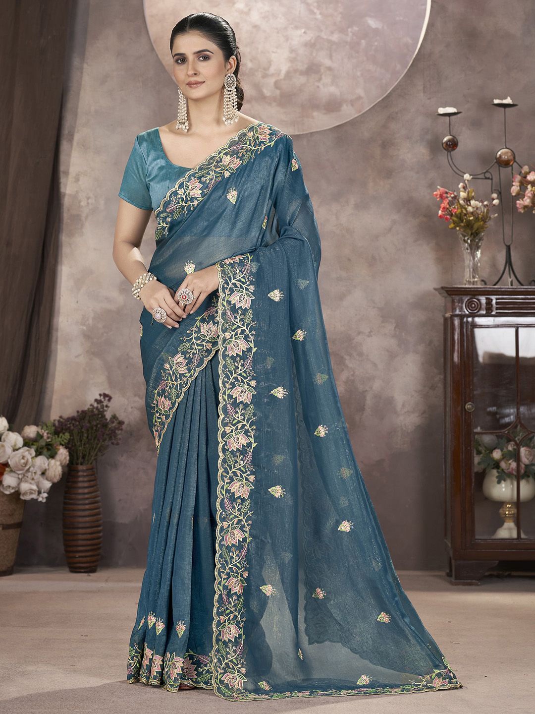 

Anouk Embellished Sequinned Tissue Saree, Teal