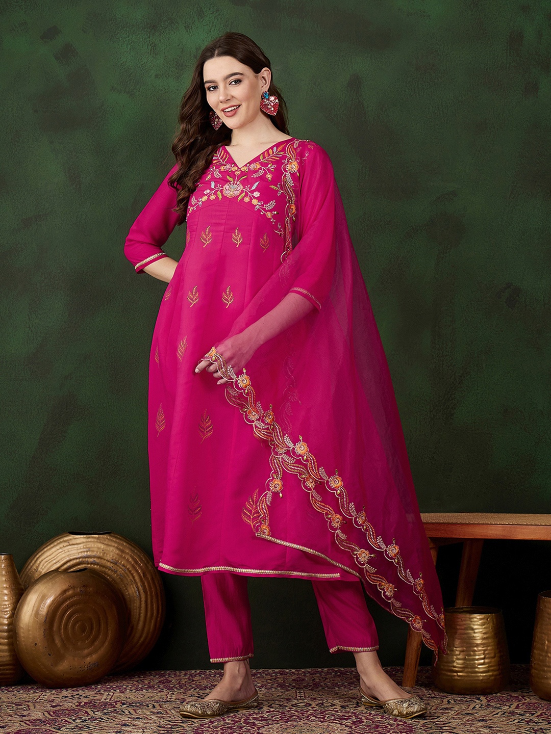 

Sangria Floral Embroidered Anarkali Kurta And Trouser With Dupatta, Pink