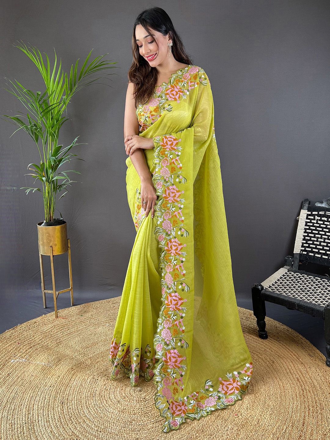 

Anouk Floral Embroidered Tissue Saree, Lime green