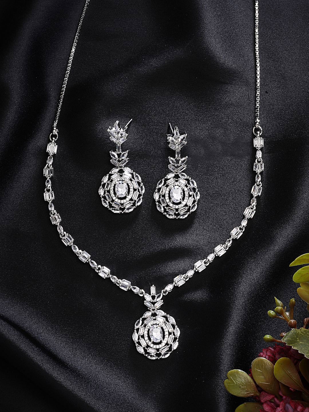 

ZENEME Rhodium-Plated Square & Circular Shaped American Diamond Necklace with Earrings Set, Silver