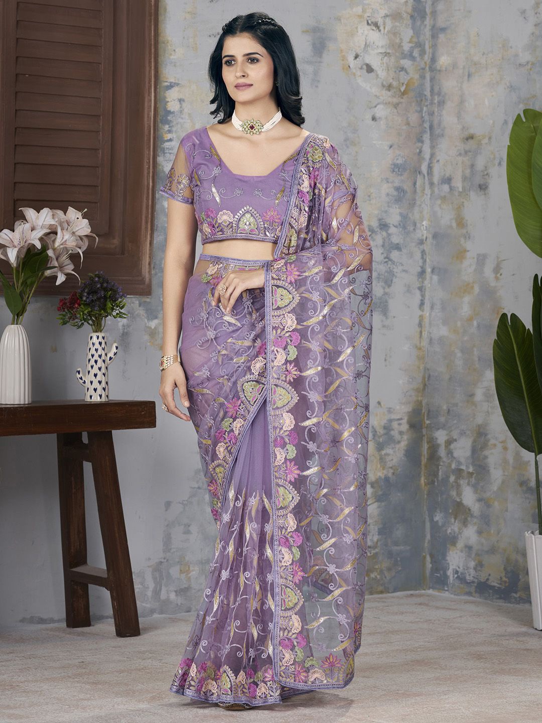 

Anouk Floral Embroidered Net Saree, Lavender