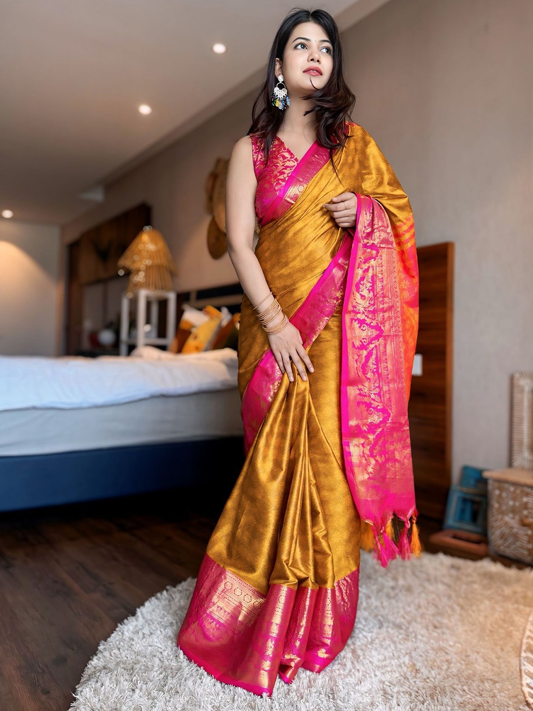 

JULEE Woven Design Zari Pure Silk Kanjeevaram Saree, Mustard